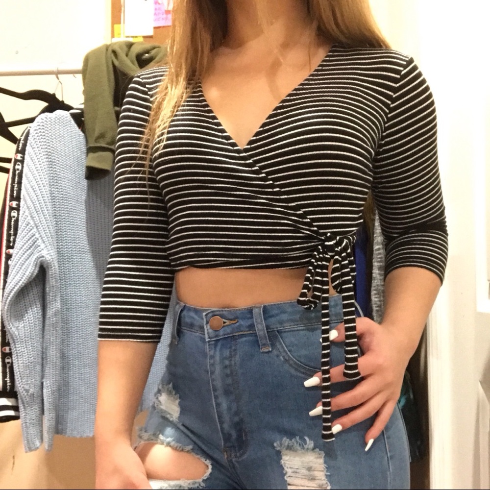 3/4 Sleeve Striped Wrap Tie Top
